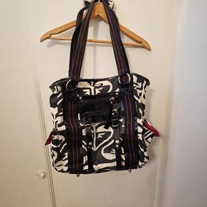Roxy Black and White Graphic Tote with Red Trim